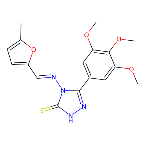 (E)-4-(((5-methylfuran-2-yl)methylene)amino)-5-(3,4,5-trimethoxyphenyl)-4H-1,2,4-triazole-3-thiol structure