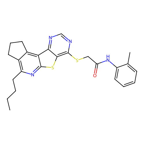 2-((4-butyl-2,3-dihydro-1H-cyclopenta[4',5']pyrido[3',2':4,5]thieno[3,2-d]pyrimidin-7-yl)thio)-N-(o-tolyl)acetamide structure