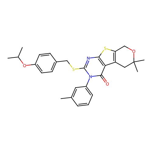 2-((4-isopropoxybenzyl)thio)-6,6-dimethyl-3-(m-tolyl)-5,6-dihydro-3H-pyrano[4',3':4,5]thieno[2,3-d]pyrimidin-4(8H)-one structure