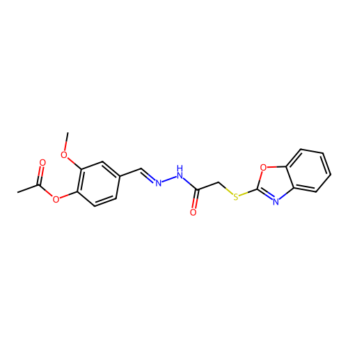 (E)-4-((2-(2-(benzo[d]oxazol-2-ylthio)acetyl)hydrazono)methyl)-2-methoxyphenyl acetate structure
