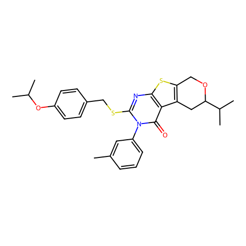 2-((4-isopropoxybenzyl)thio)-6-isopropyl-3-(m-tolyl)-5,6-dihydro-3H-pyrano[4',3':4,5]thieno[2,3-d]pyrimidin-4(8H)-one structure
