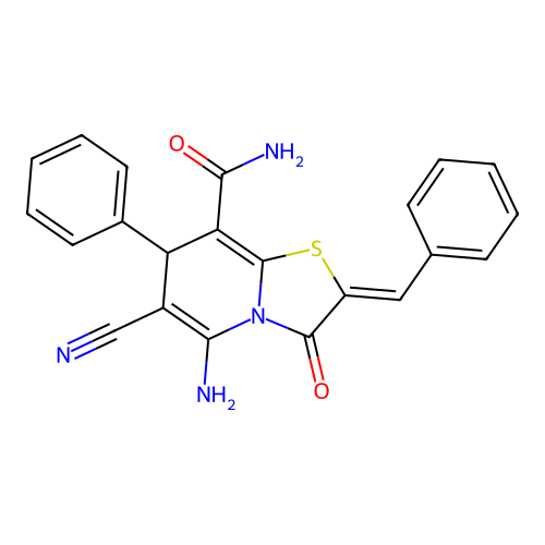 (2Z)-5-amino-2-benzylidene-6-cyano-3-oxo-7-phenyl-2,3-dihydro-7H-[1,3]thiazolo[3,2-a]pyridine-8-carboxamide structure