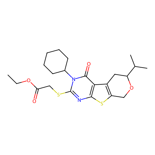 ethyl {[3-cyclohexyl-4-oxo-6-(propan-2-yl)-3,5,6,8-tetrahydro-4H-pyrano[4',3':4,5]thieno[2,3-d]pyrimidin-2-yl]sulfanyl}acetate structure