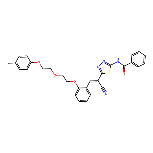 (E)-N-(5-(1-cyano-2-(2-(2-(2-(p-tolyloxy)ethoxy)ethoxy)phenyl)vinyl)-1,3,4-thiadiazol-2-yl)benzamide structure