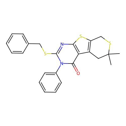 2-(benzylsulfanyl)-6,6-dimethyl-3-phenyl-3,5,6,8-tetrahydro-4H-thiopyrano[4',3':4,5]thieno[2,3-d]pyrimidin-4-one structure