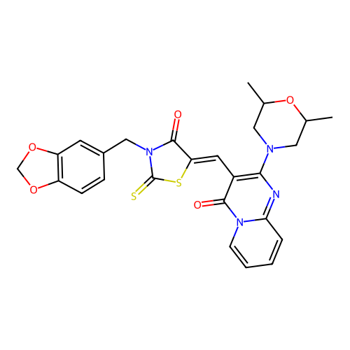 3-{(Z)-[3-(1,3-benzodioxol-5-ylmethyl)-4-oxo-2-thioxo-1,3-thiazolidin-5-ylidene]methyl}-2-(2,6-dimethylmorpholin-4-yl)-4H-pyrido[1,2-a]pyrimidin-4-one structure