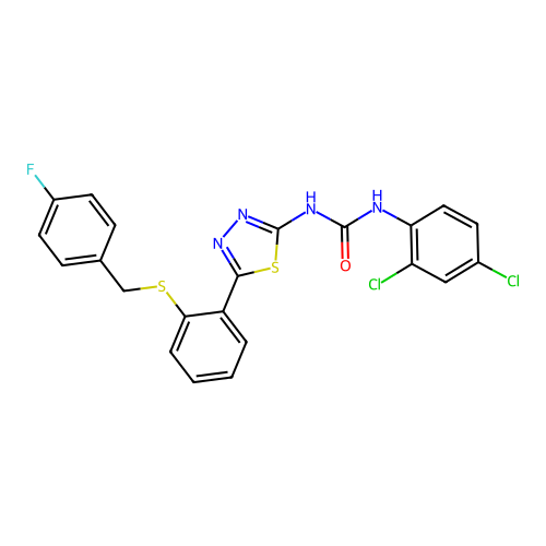 1-(2,4-dichlorophenyl)-3-(5-(2-((4-fluorobenzyl)thio)phenyl)-1,3,4-thiadiazol-2-yl)urea structure