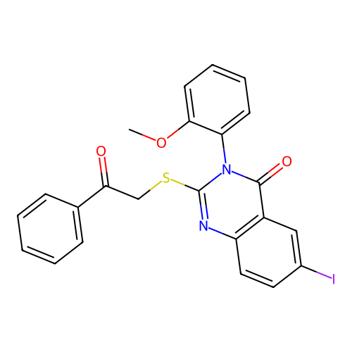 6-iodo-3-(2-methoxyphenyl)-2-[(2-oxo-2-phenylethyl)sulfanyl]quinazolin-4(3H)-one structure