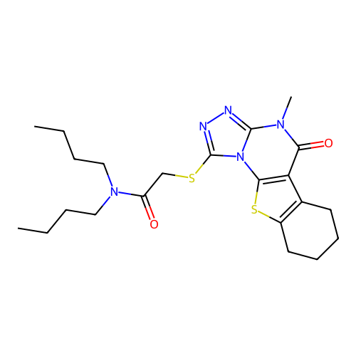 N,N-dibutyl-2-((4-methyl-5-oxo-4,5,6,7,8,9-hexahydrobenzo[4,5]thieno[3,2-e][1,2,4]triazolo[4,3-a]pyrimidin-1-yl)thio)acetamide structure