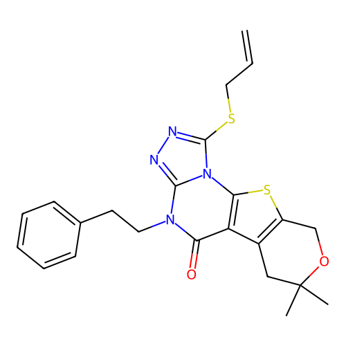 1-(allylthio)-7,7-dimethyl-4-phenethyl-6,7-dihydro-4H-pyrano[4',3':4,5]thieno[3,2-e][1,2,4]triazolo[4,3-a]pyrimidin-5(9H)-one structure
