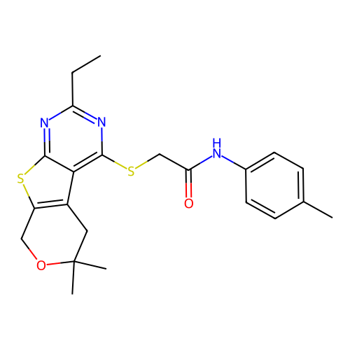 2-((2-ethyl-6,6-dimethyl-6,8-dihydro-5H-pyrano[4',3':4,5]thieno[2,3-d]pyrimidin-4-yl)thio)-N-(p-tolyl)acetamide structure
