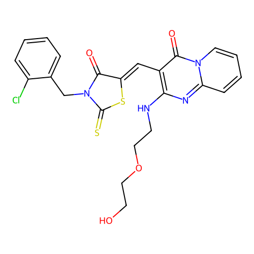 3-{(Z)-[3-(2-chlorobenzyl)-4-oxo-2-thioxo-1,3-thiazolidin-5-ylidene]methyl}-2-{[2-(2-hydroxyethoxy)ethyl]amino}-4H-pyrido[1,2-a]pyrimidin-4-one structure