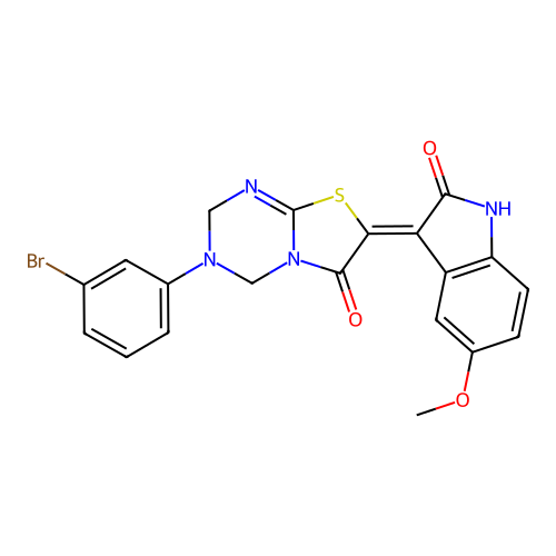 (7Z)-3-(3-bromophenyl)-7-(5-methoxy-2-oxo-1,2-dihydro-3H-indol-3-ylidene)-3,4-dihydro-2H-[1,3]thiazolo[3,2-a][1,3,5]triazin-6(7H)-one structure