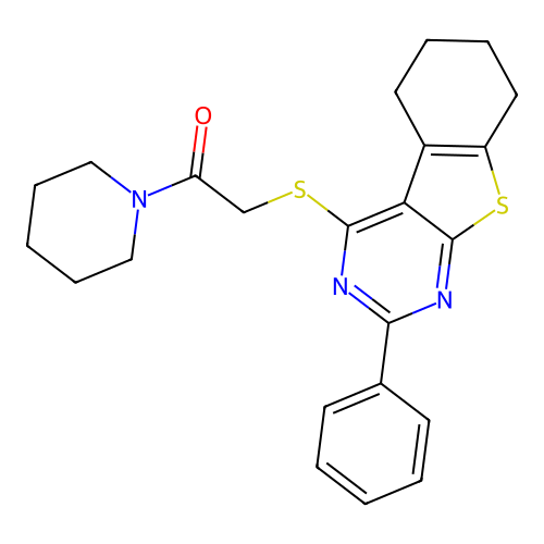 2-((2-phenyl-5,6,7,8-tetrahydrobenzo[4,5]thieno[2,3-d]pyrimidin-4-yl)thio)-1-(piperidin-1-yl)ethanone structure