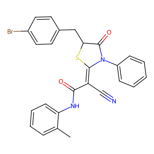 (Z)-2-(5-(4-bromobenzyl)-4-oxo-3-phenylthiazolidin-2-ylidene)-2-cyano-N-(o-tolyl)acetamide structure