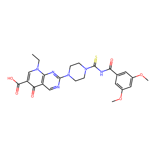 2-(4-((3,5-dimethoxybenzoyl)carbamothioyl)piperazin-1-yl)-8-ethyl-5-oxo-5,8-dihydropyrido[2,3-d]pyrimidine-6-carboxylic acid structure