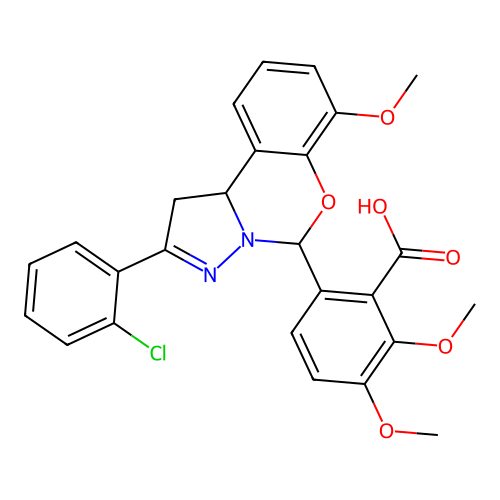 6-[2-(2-chlorophenyl)-7-methoxy-1,10b-dihydropyrazolo[1,5-c][1,3]benzoxazin-5-yl]-2,3-dimethoxybenzoic acid structure