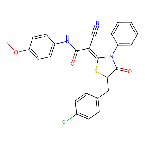 (Z)-2-(5-(4-chlorobenzyl)-4-oxo-3-phenylthiazolidin-2-ylidene)-2-cyano-N-(4-methoxyphenyl)acetamide structure