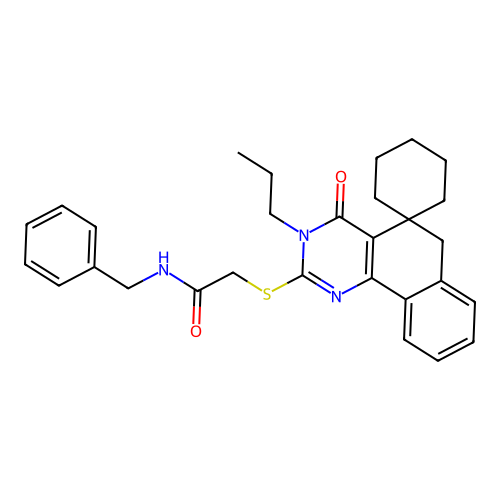 N-benzyl-2-((4-oxo-3-propyl-4,6-dihydro-3H-spiro[benzo[h]quinazoline-5,1'-cyclohexan]-2-yl)thio)acetamide structure