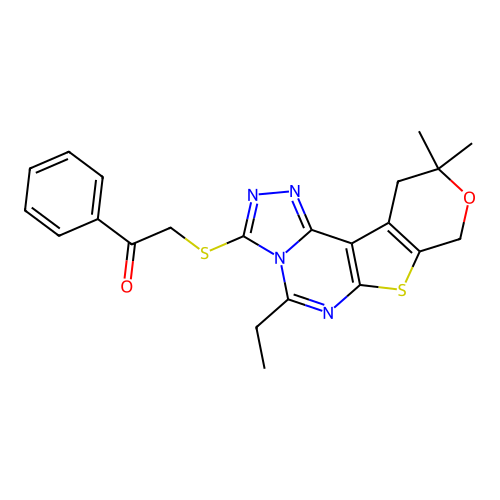 2-((5-ethyl-10,10-dimethyl-10,11-dihydro-8H-pyrano[4',3':4,5]thieno[3,2-e][1,2,4]triazolo[4,3-c]pyrimidin-3-yl)thio)-1-phenylethanone structure