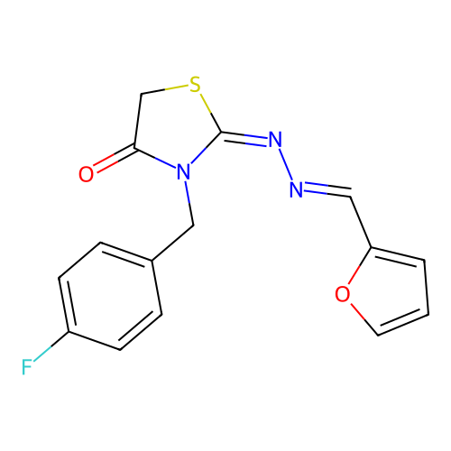 (2E)-3-[(4-fluorophenyl)methyl]-2-[(E)-furan-2-ylmethylidenehydrazinylidene]-1,3-thiazolidin-4-one structure