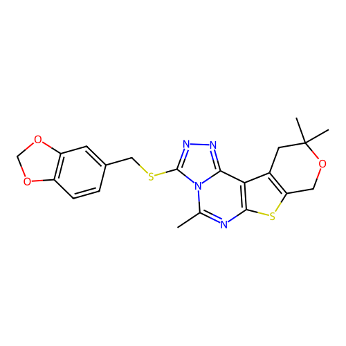3-((benzo[d][1,3]dioxol-5-ylmethyl)thio)-5,10,10-trimethyl-10,11-dihydro-8H-pyrano[4',3':4,5]thieno[3,2-e][1,2,4]triazolo[4,3-c]pyrimidine structure