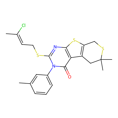 (Z)-2-((3-chlorobut-2-en-1-yl)thio)-6,6-dimethyl-3-(m-tolyl)-5,6-dihydro-3H-thiopyrano[4',3':4,5]thieno[2,3-d]pyrimidin-4(8H)-one structure