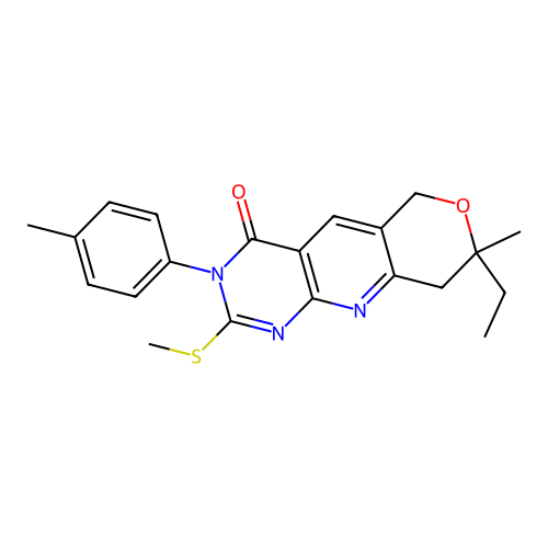 8-ethyl-8-methyl-2-(methylthio)-3-(p-tolyl)-8,9-dihydro-3H-pyrano[3',4':5,6]pyrido[2,3-d]pyrimidin-4(6H)-one structure