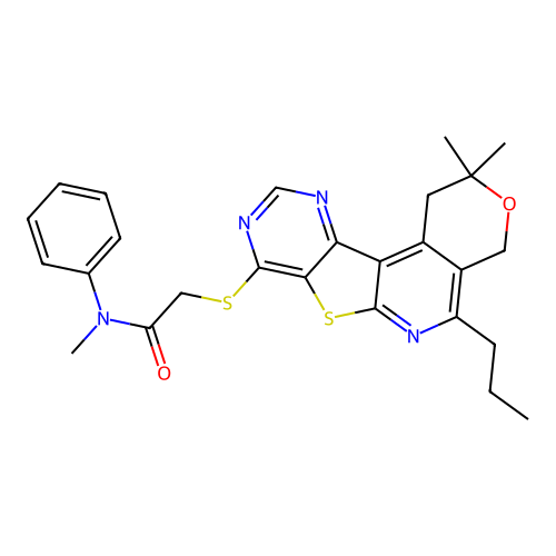 2-((2,2-dimethyl-5-propyl-2,4-dihydro-1H-pyrano[4'',3'':4',5']pyrido[3',2':4,5]thieno[3,2-d]pyrimidin-8-yl)thio)-N-methyl-N-phenylacetamide structure