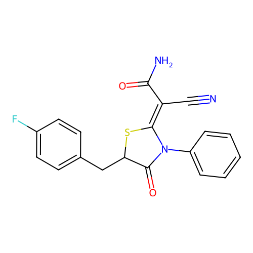 (Z)-2-cyano-2-(5-(4-fluorobenzyl)-4-oxo-3-phenylthiazolidin-2-ylidene)acetamide structure