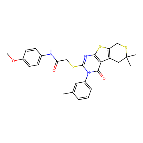 2-((6,6-dimethyl-4-oxo-3-(m-tolyl)-4,5,6,8-tetrahydro-3H-thiopyrano[4',3':4,5]thieno[2,3-d]pyrimidin-2-yl)thio)-N-(4-methoxyphenyl)acetamide structure