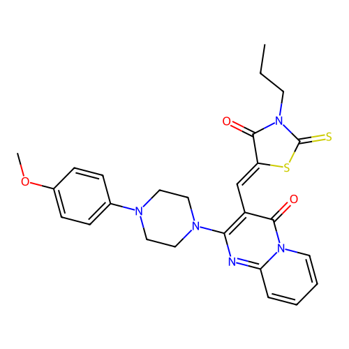 2-[4-(4-methoxyphenyl)piperazin-1-yl]-3-[(Z)-(4-oxo-3-propyl-2-thioxo-1,3-thiazolidin-5-ylidene)methyl]-4H-pyrido[1,2-a]pyrimidin-4-one structure