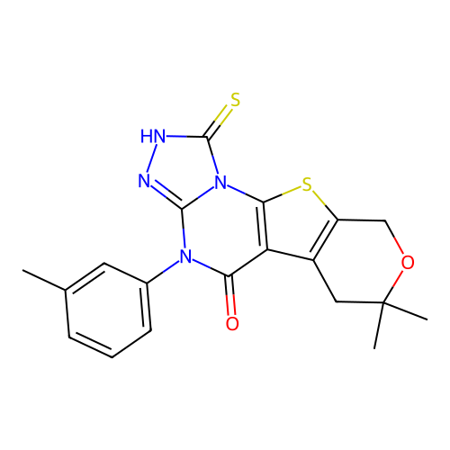 1-mercapto-7,7-dimethyl-4-(m-tolyl)-6,7-dihydro-4H-pyrano[4',3':4,5]thieno[3,2-e][1,2,4]triazolo[4,3-a]pyrimidin-5(9H)-one structure