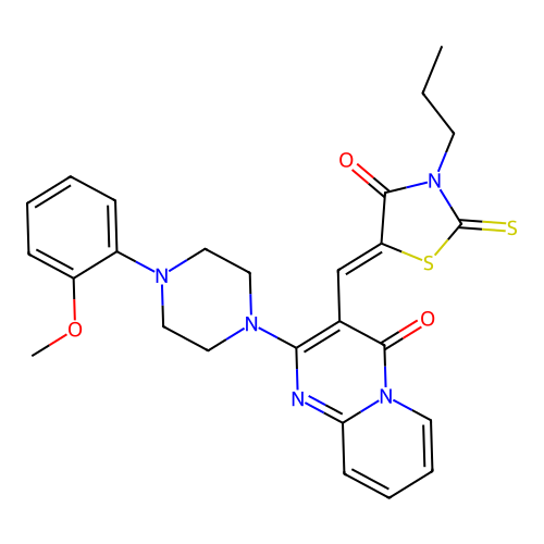 2-[4-(2-methoxyphenyl)piperazin-1-yl]-3-[(Z)-(4-oxo-3-propyl-2-thioxo-1,3-thiazolidin-5-ylidene)methyl]-4H-pyrido[1,2-a]pyrimidin-4-one structure