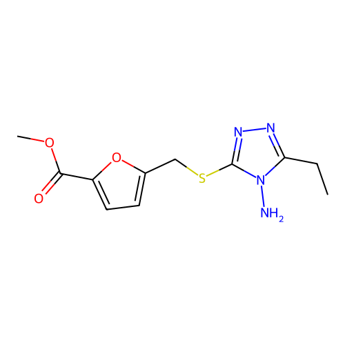 methyl 5-(((4-amino-5-ethyl-4H-1,2,4-triazol-3-yl)thio)methyl)furan-2-carboxylate structure