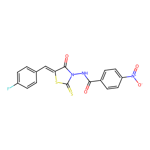 (Z)-N-(5-(4-fluorobenzylidene)-4-oxo-2-thioxothiazolidin-3-yl)-4-nitrobenzamide structure