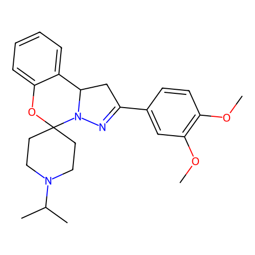 2'-(3,4-dimethoxyphenyl)-1-(propan-2-yl)-1',10b'-dihydrospiro[piperidine-4,5'-pyrazolo[1,5-c][1,3]benzoxazine] structure