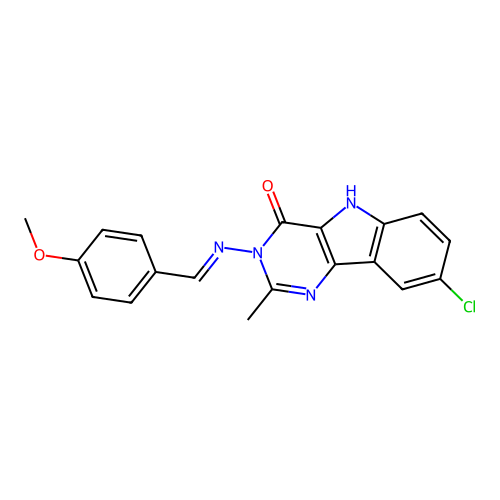 (E)-8-chloro-3-((4-methoxybenzylidene)amino)-2-methyl-3H-pyrimido[5,4-b]indol-4(5H)-one structure