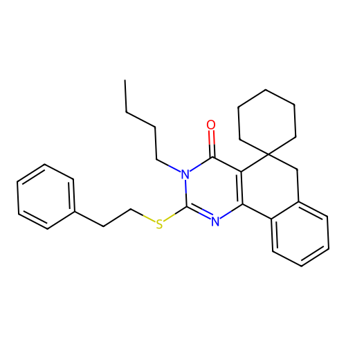 3-butyl-2-(phenethylthio)-3H-spiro[benzo[h]quinazoline-5,1'-cyclohexan]-4(6H)-one structure