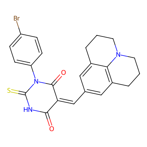 (5Z)-1-(4-bromophenyl)-2-sulfanyl-5-(2,3,6,7-tetrahydro-1H,5H-pyrido[3,2,1-ij]quinolin-9-ylmethylidene)pyrimidine-4,6(1H,5H)-dione structure