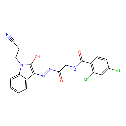 2,4-dichloro-N-[[[1-(2-cyanoethyl)-2-oxo-indol-3-ylidene]amino]carbamoylmethyl]benzamide structure