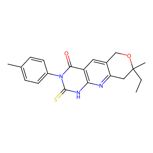 8-ethyl-2-mercapto-8-methyl-3-(p-tolyl)-8,9-dihydro-3H-pyrano[3',4':5,6]pyrido[2,3-d]pyrimidin-4(6H)-one structure
