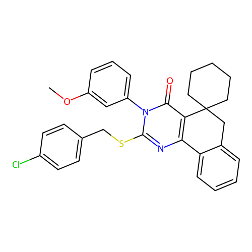 2-((4-chlorobenzyl)thio)-3-(3-methoxyphenyl)-3H-spiro[benzo[h]quinazoline-5,1'-cyclohexan]-4(6H)-one structure