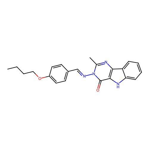 (E)-3-((4-butoxybenzylidene)amino)-2-methyl-3H-pyrimido[5,4-b]indol-4(5H)-one structure