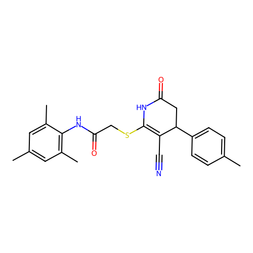 2-((3-cyano-6-oxo-4-(p-tolyl)-1,4,5,6-tetrahydropyridin-2-yl)thio)-N-mesitylacetamide structure