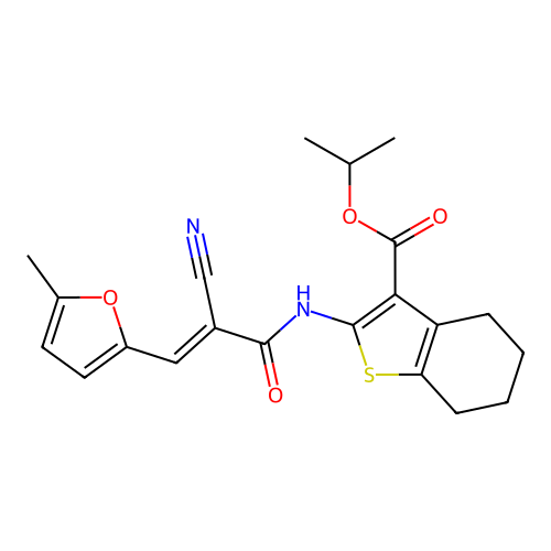 (E)-isopropyl 2-(2-cyano-3-(5-methylfuran-2-yl)acrylamido)-4,5,6,7-tetrahydrobenzo[b]thiophene-3-carboxylate structure