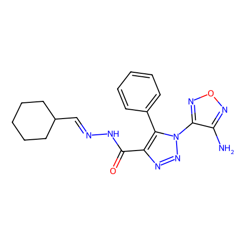 (E)-1-(4-amino-1,2,5-oxadiazol-3-yl)-N'-(cyclohexylmethylene)-5-phenyl-1H-1,2,3-triazole-4-carbohydrazide structure