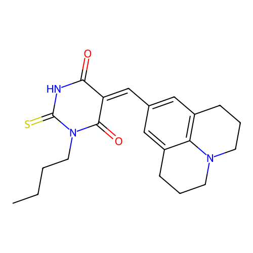 (5Z)-1-butyl-2-sulfanyl-5-(2,3,6,7-tetrahydro-1H,5H-pyrido[3,2,1-ij]quinolin-9-ylmethylidene)pyrimidine-4,6(1H,5H)-dione structure