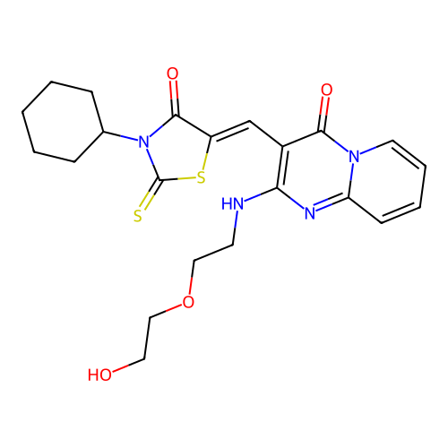 3-[(Z)-(3-cyclohexyl-4-oxo-2-thioxo-1,3-thiazolidin-5-ylidene)methyl]-2-{[2-(2-hydroxyethoxy)ethyl]amino}-4H-pyrido[1,2-a]pyrimidin-4-one structure