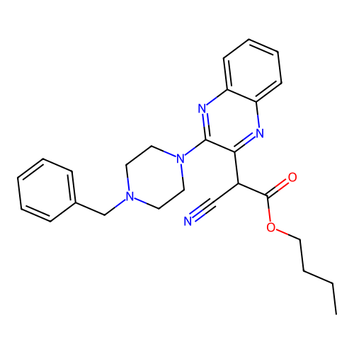 Butyl [3-(4-benzylpiperazin-1-yl)quinoxalin-2-yl](cyano)acetate structure